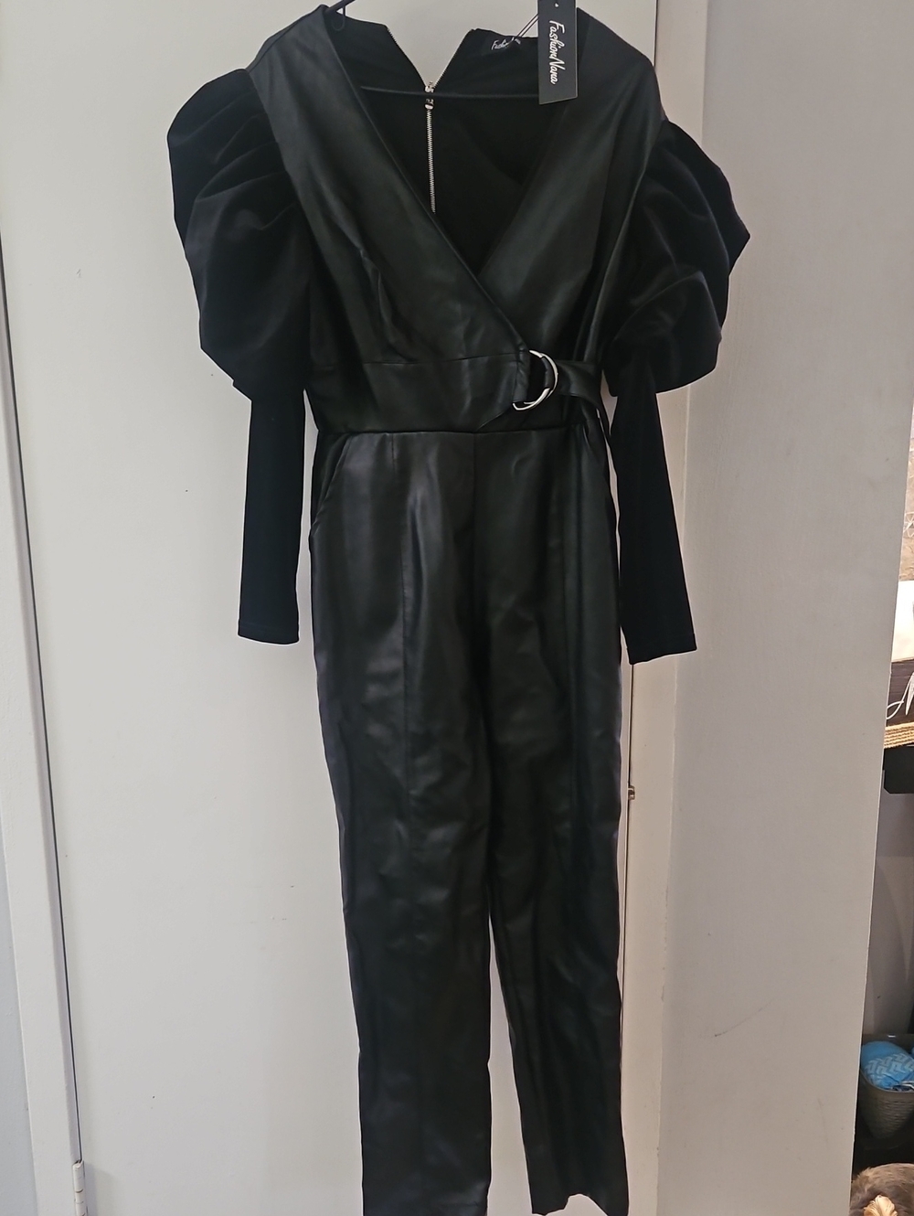 Fashion Nova Black Faux Leather Jumpsuit with Puff Sleeves and D-Ring Belt